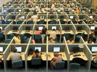 Rows of desks at a call center